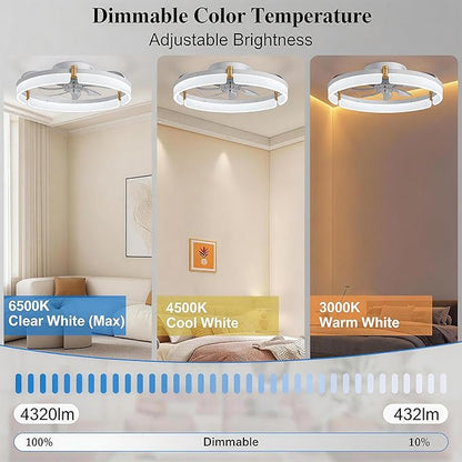 Ceiling Fans with Lights and Remote Fandelier - White 20'' Flush Mount Low Profile Modern Ceiling Fans for Bedroom - Stepless Color Temperature and 6 Speeds, White