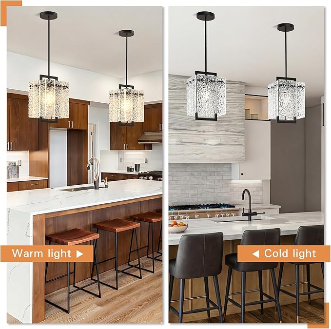 Modern Black Pendant Lights Kitchen Island, Pendant Light Fixtures with Water Ripple Glass, Elegant Adjustable Pendant Lighting, Island Lights for Kitchen, Dining Room, L7.3 x W11.6