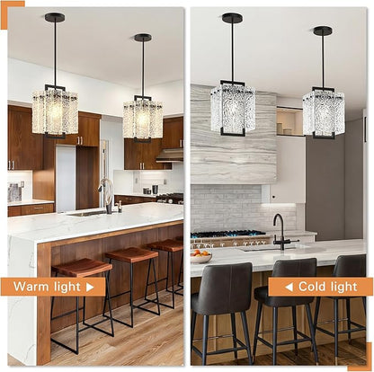 Modern Black Pendant Lights Kitchen Island, Pendant Light Fixtures with Water Ripple Glass, Elegant Adjustable Pendant Lighting, Island Lights for Kitchen, Dining Room, L7.3 x W11.6