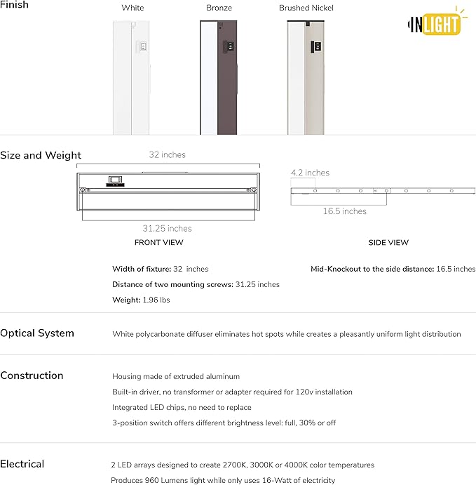 Getinlight 32-inch 3 Color Levels LED Under Cabinet Lighting, Hardwired or Plugged-in, Selectable White 2700K/3000K/4000K, Dimmable, Brushed Nickel Finished, IN-0210-4-SN