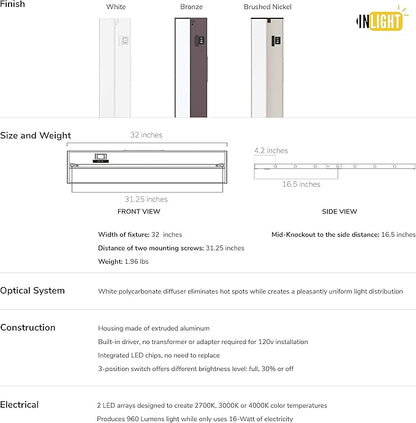 Getinlight 32-inch 3 Color Levels LED Under Cabinet Lighting, Hardwired or Plugged-in, Selectable White 2700K/3000K/4000K, Dimmable, Brushed Nickel Finished, IN-0210-4-SN