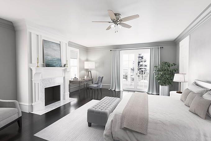Hunter 52 inch Indoor Ceiling Fan with LED Lights - Ceiling Fan with Pull Chain, For Bedroom, Living Room, or Kitchen, Low Profile Flush Mount, No Remote, 5 Blades - Builder 51112, Brushed Nickel