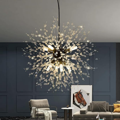 CM MZY Modern Crystal Chandeliers Firework, Matt Black Dandelion Sputnik Ceiling Light Fixtures, Sputnik Chandelier Pendant Light for Bedroom Living Room Dining Room Kitchen Island Hallway