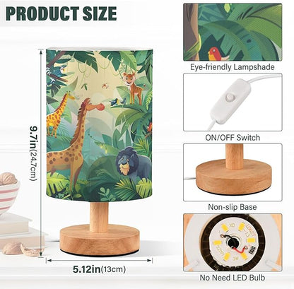 Table Lamp Forest Animal Giraffe Lion Tiger Bird Parrot Tropical Leaves Nightstand Lamp with Wood Base Fabric Lamp Shade Bedside Desk Lamp for Living Room Bedroom Kids Room Office