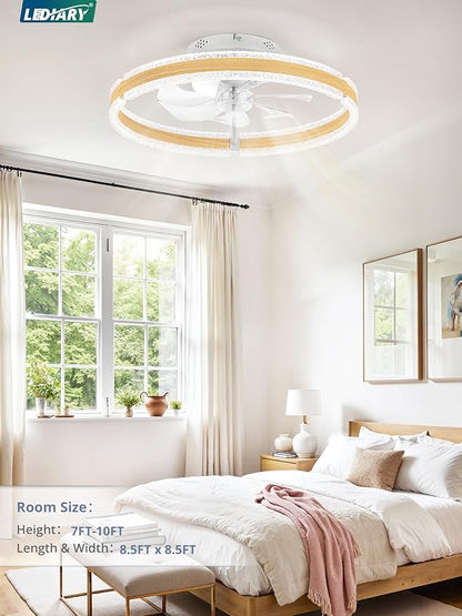 LEDIARY Ceiling Fans with Lights and Remote, 20'' Low Profile Ceiling Fan with Light, 3000-6000K Dimmable Fandelier Ceiling Fans, Modern Flush Mount Fan Light for Bedroom with 6 Wind Speeds-Wood Grain