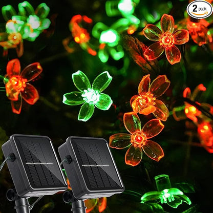 2 Pack Total 52FT 120 LED Solar String Lights Outdoor Waterproof Flower Fairy Lights for Garden Fence Patio Yard Christmas Tree Lawn Wedding Party Decor, Red and Green