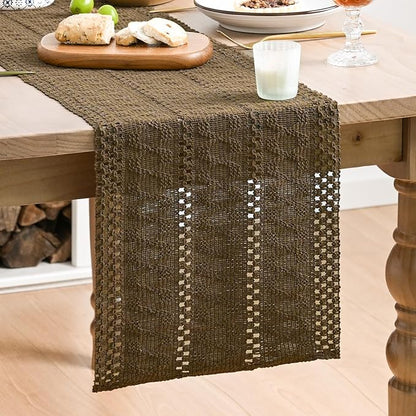 Artoid Mode Light Coffee Farmhouse Woven Rustic Hollow Table Runner, Seasonal Holiday Hollow Kitchen Dining Table Decoration for Home Party Decor 12x90 Inch