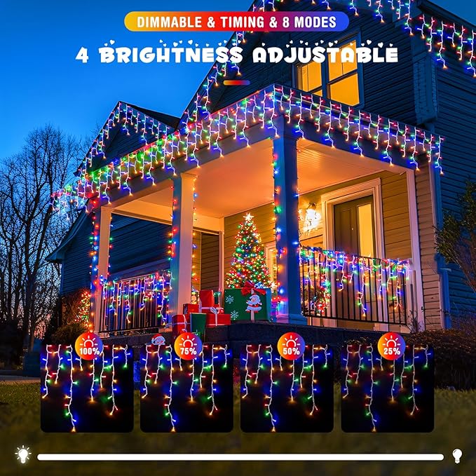 JMEXSUSS 800 LED Christmas Icicle Lights Outdoor Plug-in, Multicolor Waterproof, 8 Modes with 160 Drops for Bedroom House Holiday Party Decorations