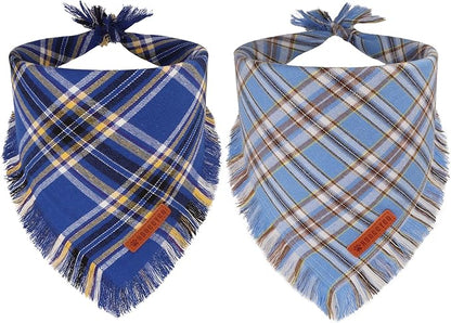 ADOGGYGO Dog Bandanas Boy with Tassels Edges, Stylish Blue Plaid Pet Scarf, Soft Cotton Fabric, Adjustable Reversible Plaid Bandanas for Medium Large Dogs (Large)