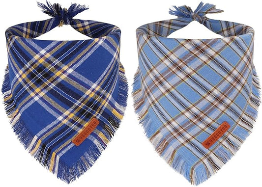 ADOGGYGO Dog Bandanas Boy with Tassels Edges, Stylish Blue Plaid Pet Scarf, Soft Cotton Fabric, Adjustable Reversible Plaid Bandanas for Medium Large Dogs (Large)