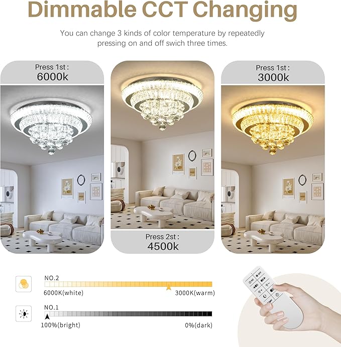 COCOSTAR 20" Crystal Chandeliers, Flush Mount Chandelier LED Ceiling Light, Modern Crystal Raindrop Chandeliers for Dining Room, Living Room, Bedroom