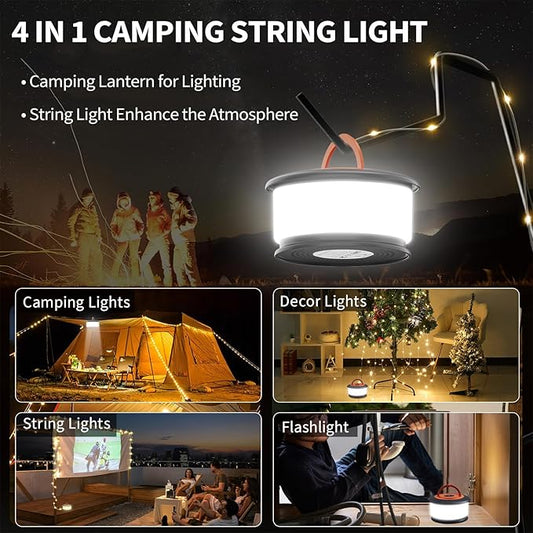 Camping String Lights, 4 in 1 Retractable String Lights, Quick 30s Recovery, 32.8ft Rechargeable LED Fairy Lights for Outside, 32.8ft Portable Tent Lights for Tent Patio Awning Garden RV Decoration