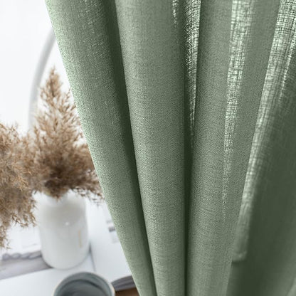 Melodieux Sage Green Semi Sheer Curtains 96 Inches Long for Living Room, Bedroom Faux Linen Texture Farmhouse Rod Pocket Shiny Sheer Curtains Drapes Light Filtering, 52" W x 96" L, 2 Panels