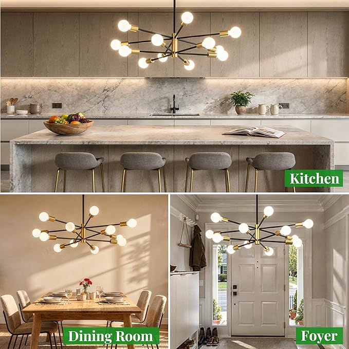Sputnik Chandelier 12-Light, Mid Century Modern Height Adjustable Ceiling Light Fixture for Dining Room, Kitchen Island, Living Room,Bedroom-Black and Gold