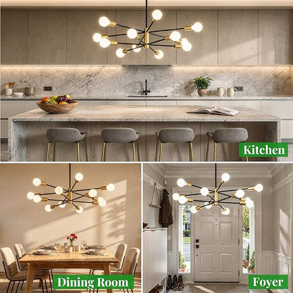 Sputnik Chandelier 12-Light, Mid Century Modern Height Adjustable Ceiling Light Fixture for Dining Room, Kitchen Island, Living Room,Bedroom-Black and Gold