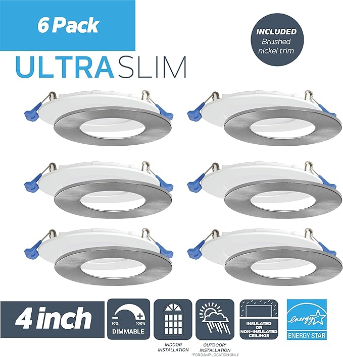 Nadair, 4’’ LED Recessed Ultra Slim Lights, 6-Pack, IC Rated, Dimmable, 9W=75W, 900 Lumens, 3000K (Warm White), Large Junction Box, Quick Connect System, White Finish, Brushed Nickel Trim Included