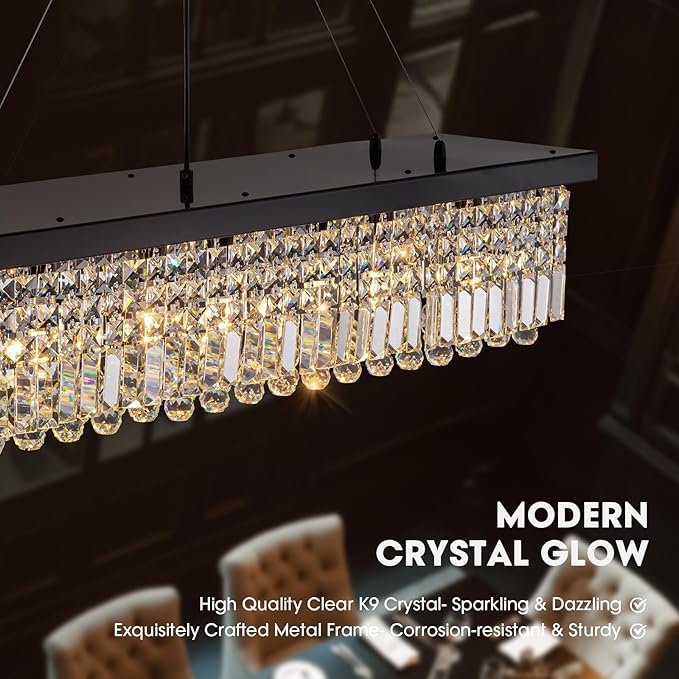 Black Modern Crystal Chandeliers for Dining Room Kitchen Island Light Fixture, 8-Light Rectangle Chandelier for Living Room, L39.4 Inch