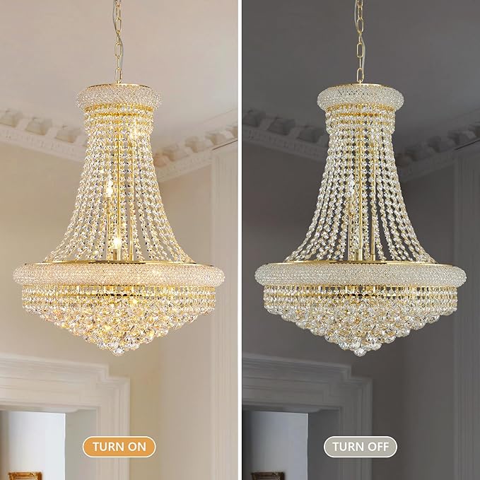 11-Light Empire Crystal Chandelier Light Fixture, Modern Crystal Chandeliers Empire Style K9 Chandeliers Gold Finish Luxury Chandelier for Living Dining Room Bedroom Stairway Foyer Hallway D24"