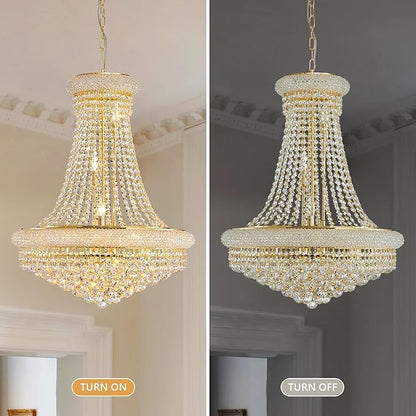 11-Light Empire Crystal Chandelier Light Fixture, Modern Crystal Chandeliers Empire Style K9 Chandeliers Gold Finish Luxury Chandelier for Living Dining Room Bedroom Stairway Foyer Hallway D24"