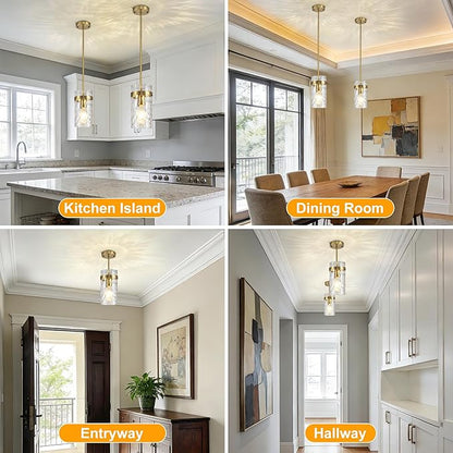 2 Pack Brushed Gold Pendant Lights Kitchen Island, Hammered Glass Pendant Lighting Over Island, Kitchen Hanging Light Fixtures Pendant Light Over Sink for Kitchen Entryway Foyer Dining Room
