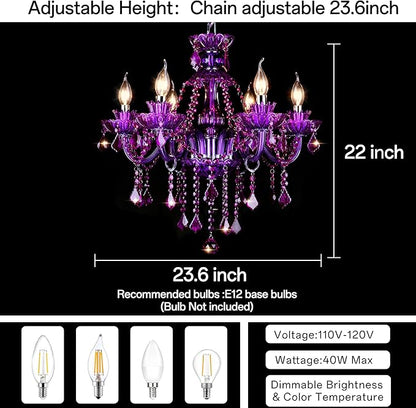 Bagood Purple 6 Lights K9 Crystal Candle Chandeliers Lighting Candle Chandelier Lighting Modern Pendant Lights Crystal Modern Chandelier for Dining Living Room Bedroom E12 Base, H22 x W23.6 Inch