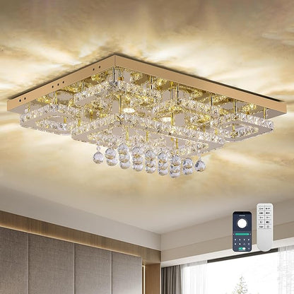 32 inch Flush Mount Chandelier Crystal Ceiling Light with Remote Control/APP, 3CCT Dimmable&Brightness Adjustable, Modern Crystal Raindrop Gold Chandeliers for Bedroom Hallway Dinning Room Living Room