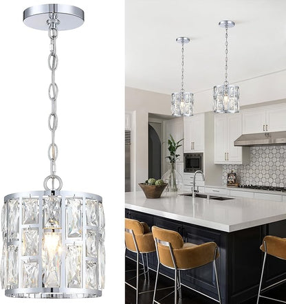 MEXO Modern Crystal Pendant Light,Chrome Chandelier Light Fixture, Cylinder Adjustable Height Pendant Lights for Kitchen,Dining Room,Living Room,Foyer,Hallway