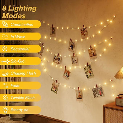 33FT 100 LED Rechargeable String Lights, USB Charging, IP65 Waterproof Outdoor Camping Lights, 8 Modes Fairy Lights with Remote Timer for Camping Patio Christmas Bedroom Decor Warm White