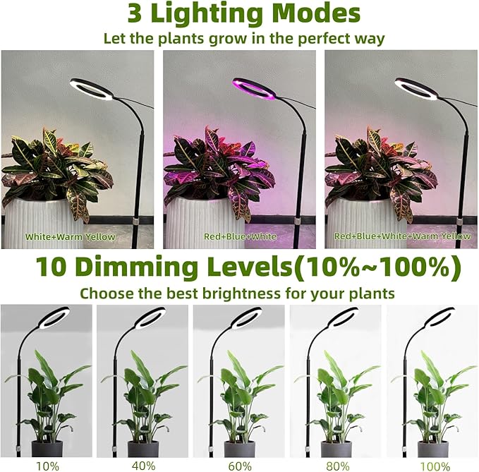 LED Grow Light for Indoor Plants, Full Spectrum led Grow Light,35 inches Adjustable Height,Growing Lamp with Timer, 10 Dimmable Brightness,Ideal for Tall Plants