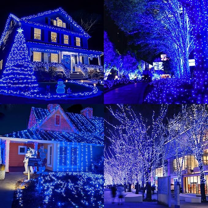 32.5FT 100 LED Blue White String light,16 Modes Plug in Blue LED Christmas MiniLights, Ocean party Fairy Lights, Waterproof Outdoor Christmas Lights for Xmas Tree Garland Wreath Bedroom Decor