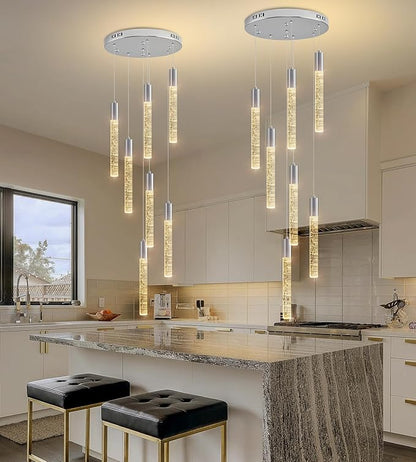 7-Lights High Ceiling Crystal Chandelier, Modern LED Raindrop Pendant Light Fixture 60" H Flush Mount Chandelier Chrome for Foyer Staircase Living Room