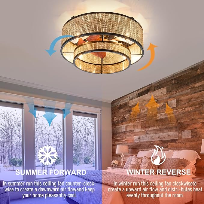 18.9" Boho Caged Ceiling Fan with Lights Remote, 4-Light Vintage Rattan Woven Chandelier Fan with Light Reversible Motor, Chandelier Ceiling Fan for Bedroom, Living Room