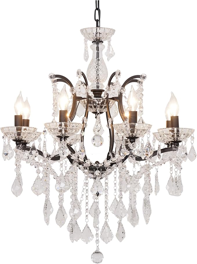 8-Light Crystal Chandelier Black Finish Modern Luxury Antique Flush Mount Chandelier with Crystal Drops Prisms Beads, Elegant Dining Room Living Room Entryway Foyer Ceiling Light Fixture