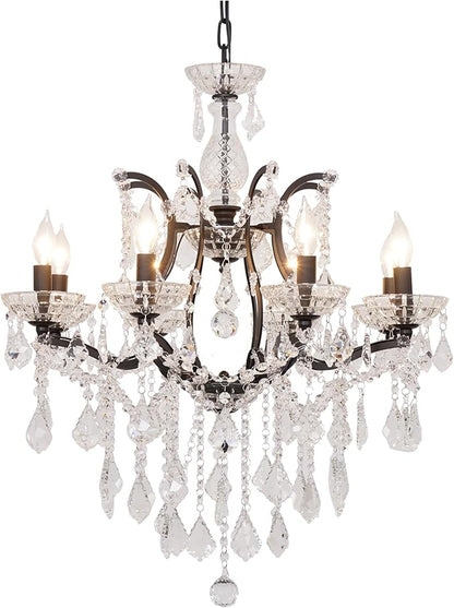 8-Light Crystal Chandelier Black Finish Modern Luxury Antique Flush Mount Chandelier with Crystal Drops Prisms Beads, Elegant Dining Room Living Room Entryway Foyer Ceiling Light Fixture