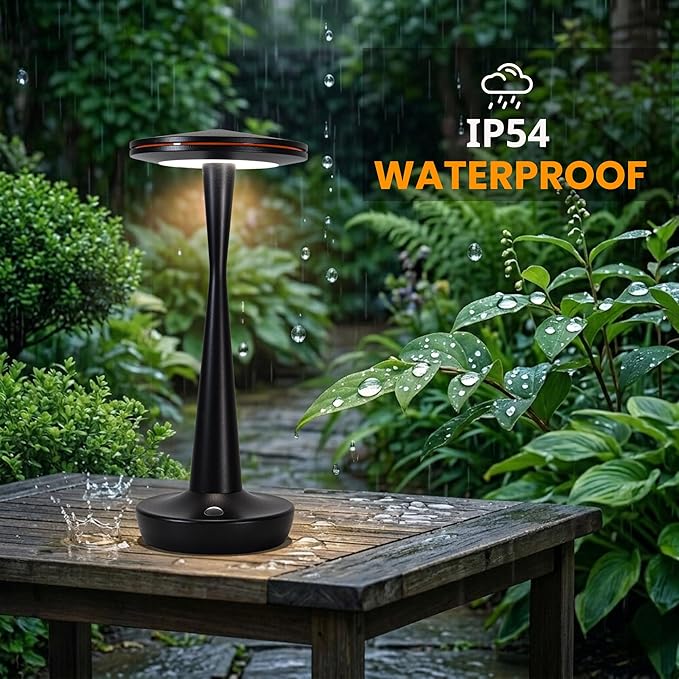 LED Cordless Table Lamps Rechargeable - Outdoor Battery Operated Portable Table Light 3 Color Stepless Dimming Tables Lamp with Memory Function, IP54 Waterproof for Patio Restaurant Dining (2 Black)