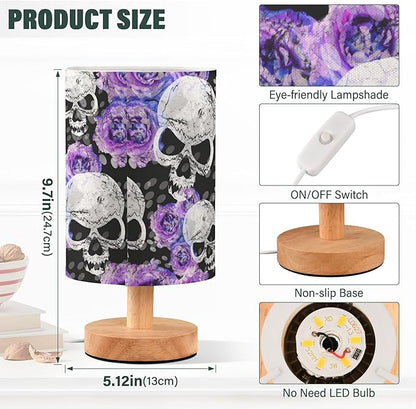 Gothic Pattern Table Lamp with Wood Base and Fabric Shade - Purple, Blue Rose Flower Design for Nightstand, Bedside, Desk, Living Room, Bedroom, Kids Room, Office