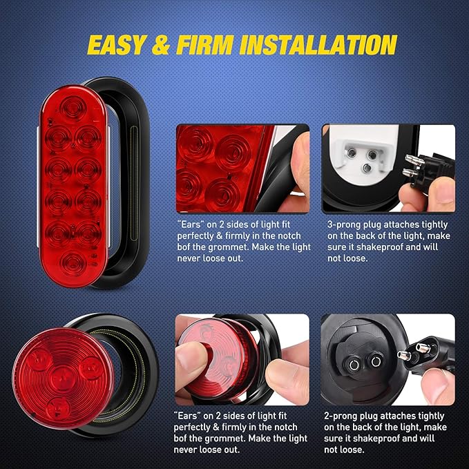 Nilight 2PCS Steel Trailer Light Boxes Housing Kit w/6Inch Oval Red LED Trailer Tail Lights 2 Inch Round Red LED Side Marker Lights w/Grommet Plugs Wire connectors