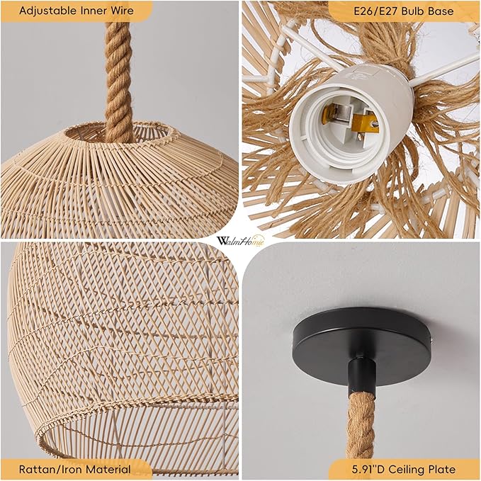 1 Light Rattan Chandelier Woven Pendant Light Fixture, Boho Coastal Wicker Hanging Ceiling Lighting for Kitchen, 15.74"W Large Lampshade for Living Room Bars Restaurants