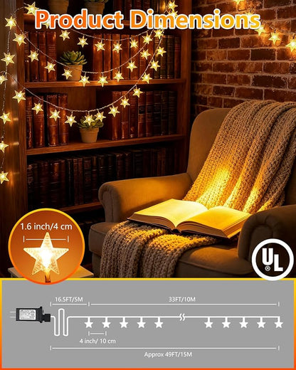 Twinkle Star 100 LED Star String Lights, 33FT Plug in Fairy String Lights Waterproof for Bedroom Decor, Indoor, Outdoor, Wedding Party, Christmas Tree, New Year, Ramadan, Warm White