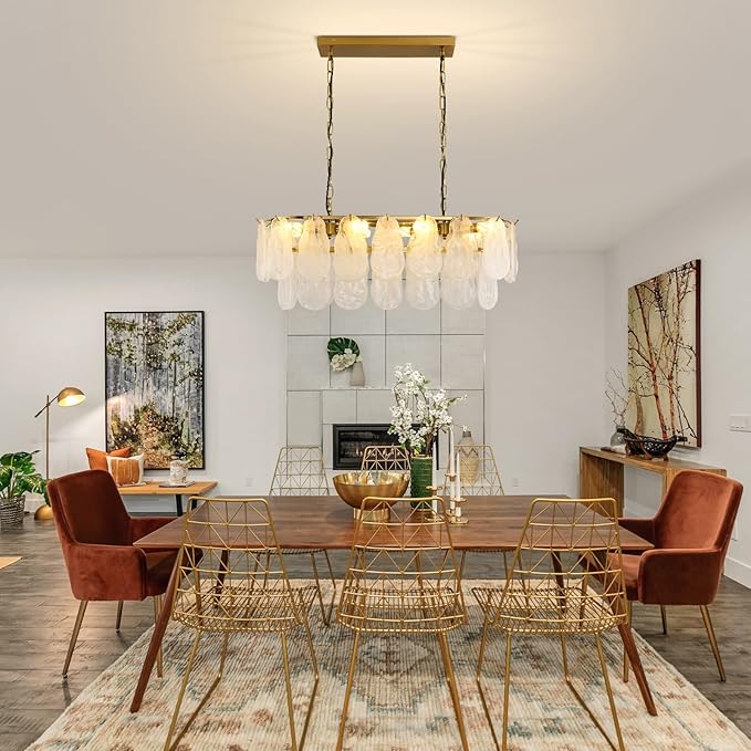 KELUOLY Gold Rectangle Chandeliers for Dining Room Modern Island Light Crystal Cloud Glass 8-Light Chandelier 2 Tier Rectangular Linear Pendant Hanging Ceiling Light Fixture for Kitchen L31.5” (E12)