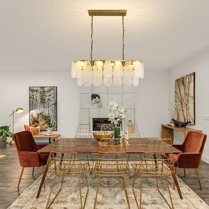 KELUOLY Gold Rectangle Chandeliers for Dining Room Modern Island Light Crystal Cloud Glass 8-Light Chandelier 2 Tier Rectangular Linear Pendant Hanging Ceiling Light Fixture for Kitchen L31.5” (E12)