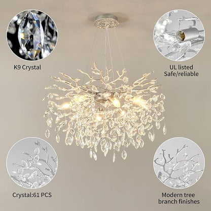 EGM 24-Inch Modern Crystal Chandeliers for Living Room, Silver Crystal Chandeliers for Dining Room, 8-Light Modern Raindrop Leaf Chandelier for Bedroom, Babyroom, E12
