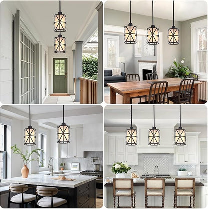 3 Pack Pendant Light Kitchen Island Pendant Light, Stem Rod Hanging Light with Spiral Cage Frosted Glass Shade, Black Modern Indoor Hanging Lamp