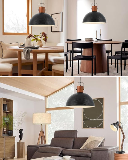 ELYONA 16 Inch Ash Wood Hammered Pendant Light Fixtures, Large Metal Dome Ceiling Hanging Lamp, Industrial Chandelier for Kitchen Island, Bar, Farmhouse, Dining Table, Hallway, Modern Black
