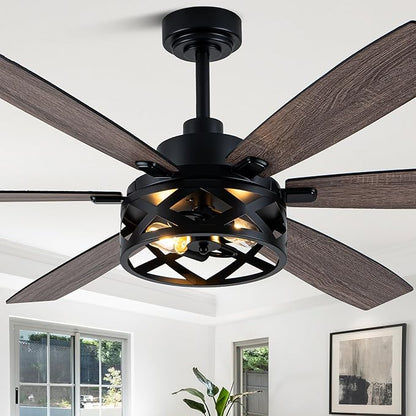 Farmhouse Ceiling Fan with Lights and Remote Large Rustic Ceiling Fan Caged Fandelier Industrial Chandelier Light, Reversible Quiet DC Motor 6 Speed for Indoor Outdoor (Farmhouse, 60 Inch)