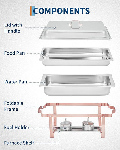 Garvee Chafing Dishes for Buffet Set of 4, 8QT Buffet Servers and Warmers Set with Lid & Foldable Frame, Rectangular Stainless Steel Chafer Food Warmer for Parties Wedding Catering Supplies, Rose Gold