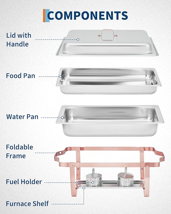 Garvee Chafing Dishes for Buffet Set of 6, 8QT Buffet Servers and Warmers Set with Lid & Foldable Frame, Rectangular Stainless Steel Chafer Food Warmer for Parties Wedding Catering Supplies, Rose Gold