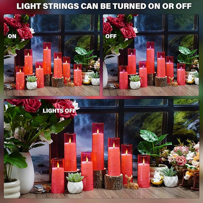Nimiko Flickering Flameless LED Candles,Battery Operated Candles 9 Pcs with Embedded Star String,Acrylic LED Pillar Candles with Remote,Suitable for Home Decoration to Create an Atmosphere (Pink)