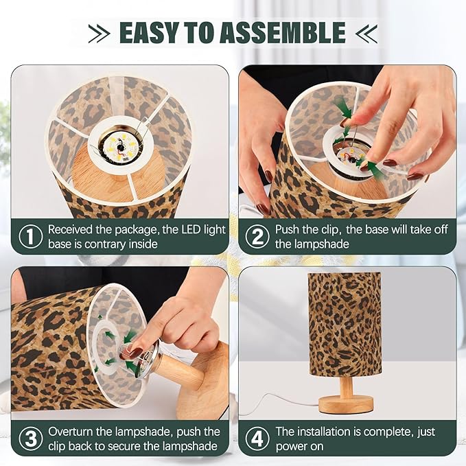 Bedside Table Lamp Leopard Vintage Animal Skin Print Nightstand Lamp with Wood Desk Lamps for Bedroom Living Room Nursery Office Home Decor