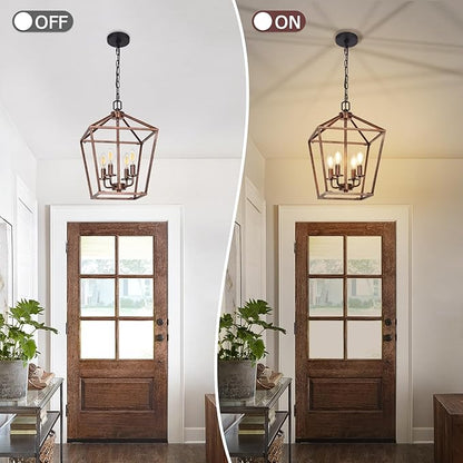 Chandelier for Dining Room, 4-Light Rustic Chandelier Fixtures, Vintage Ceiling Light with Adjustable Height, Antique Bronze Geometric Hanging Light for Bedroom, Foyer, Kitchen, Living Room, Entryway